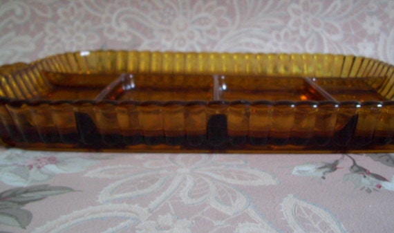 Vintage 70's Indiana Glass Amber 5 Section Relish Tray Fruit Motif