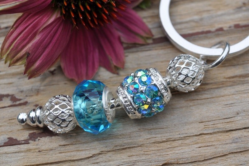Handcrafted Pretty Blue Beads and Silver Charms European Style Charm Key Chain