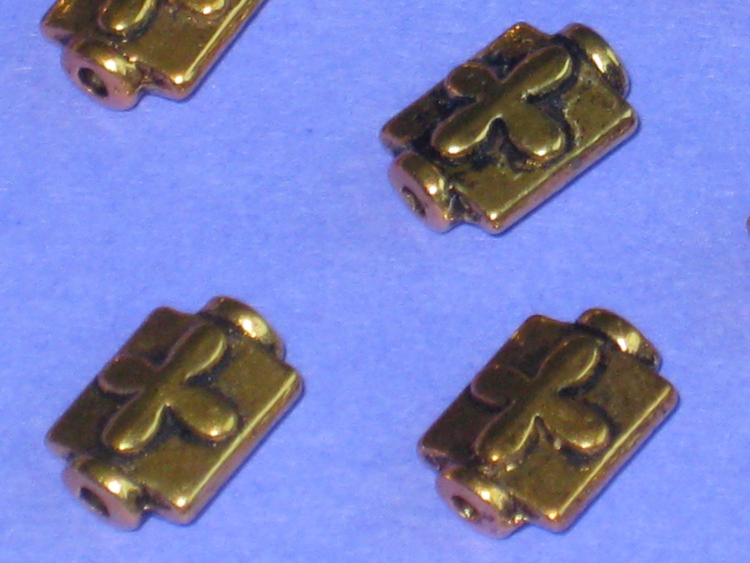 Set of 16 Antique Gold Plated Pillow/Flask Shaped Beads with an Embossed Cross