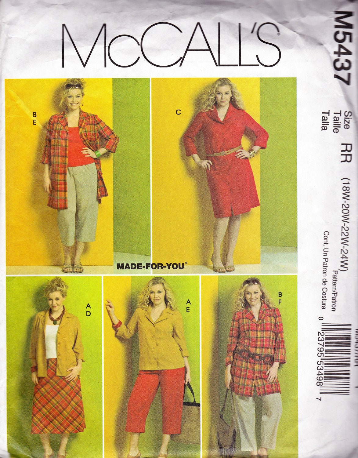 McCalls 5437 Womens Dress, A-Line Bias Skirt, Capri Pants, Shirt, and Tunic Shirt Pattern, UNCUT