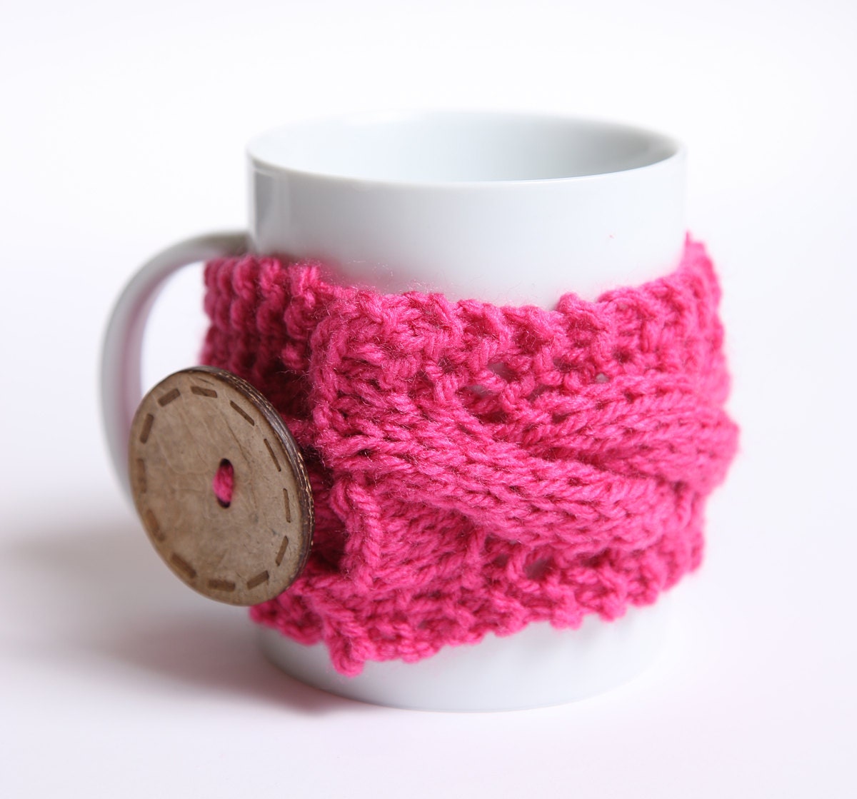 Knitted mug cozy, tea cup cozy,  coffee sleeve, hot pink, warmer