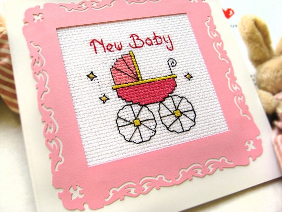 The Baby Girl Card - Completed Present Cross Stitch Card - Baby Born card in pink color