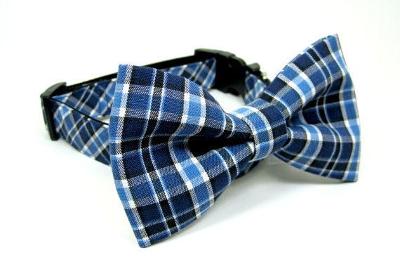 Blue /white Plaid Print Dog Collar  with bow tie set( Mini,X-Small,Small Size)- (Dog leash is not available in this style)