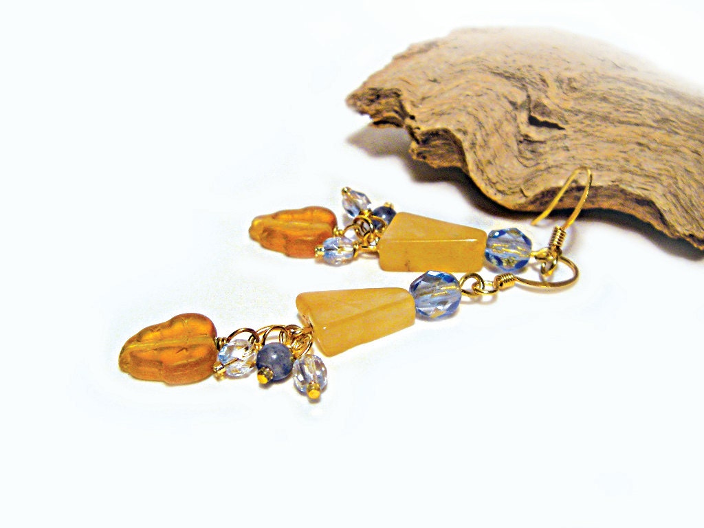 Honey Gold&Vintage sky blue earrings Mustard yellow earrings aqua blue Sand leaf earrings Israeli