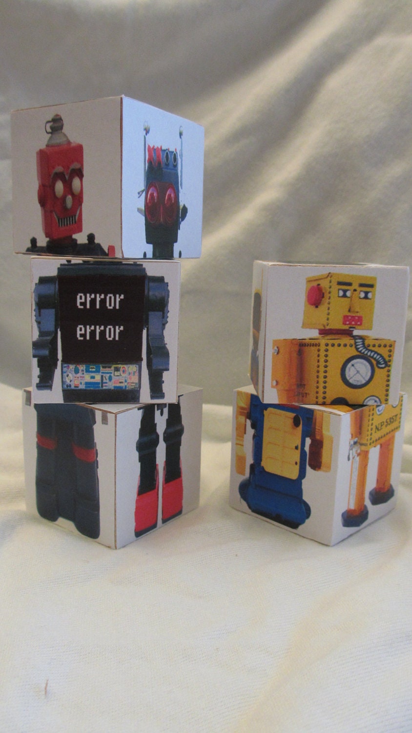 Retro Robot Mod  Puzzle 5 Wood Wooden Blocks Boys Nursery Room Decor Baby Shower Birthday Party Favor Toddler Building Toys