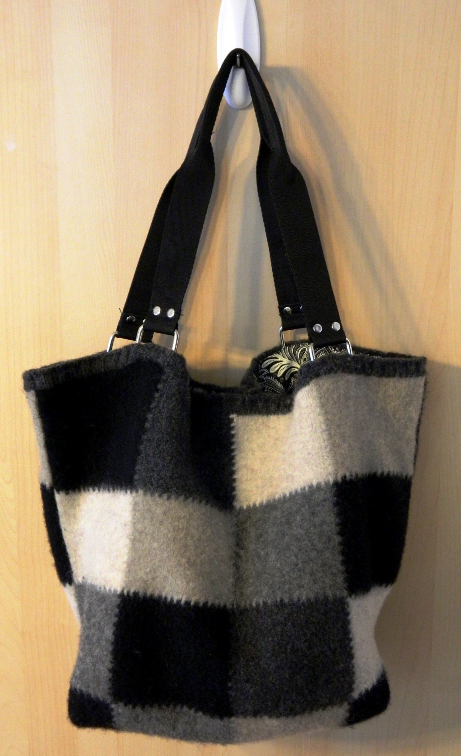 Handmade Large, Black, Gray, Ivory Checkered 'Alex' Wool Felted Shopper/Tote Made From a Recycled Sweater