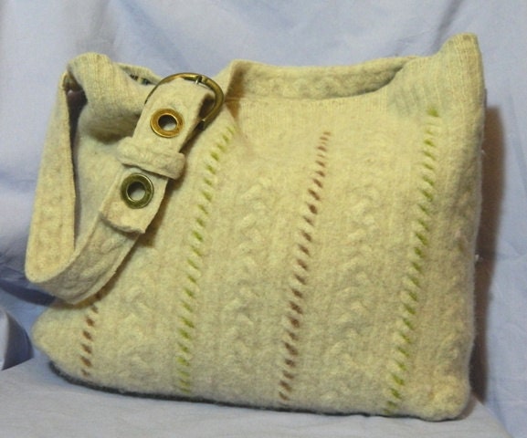 Handmade Ivory With Green & Brown Accents, Felted Wool 'Tabitha' Shopper/Tote Made From a Recycled Cable Sweater