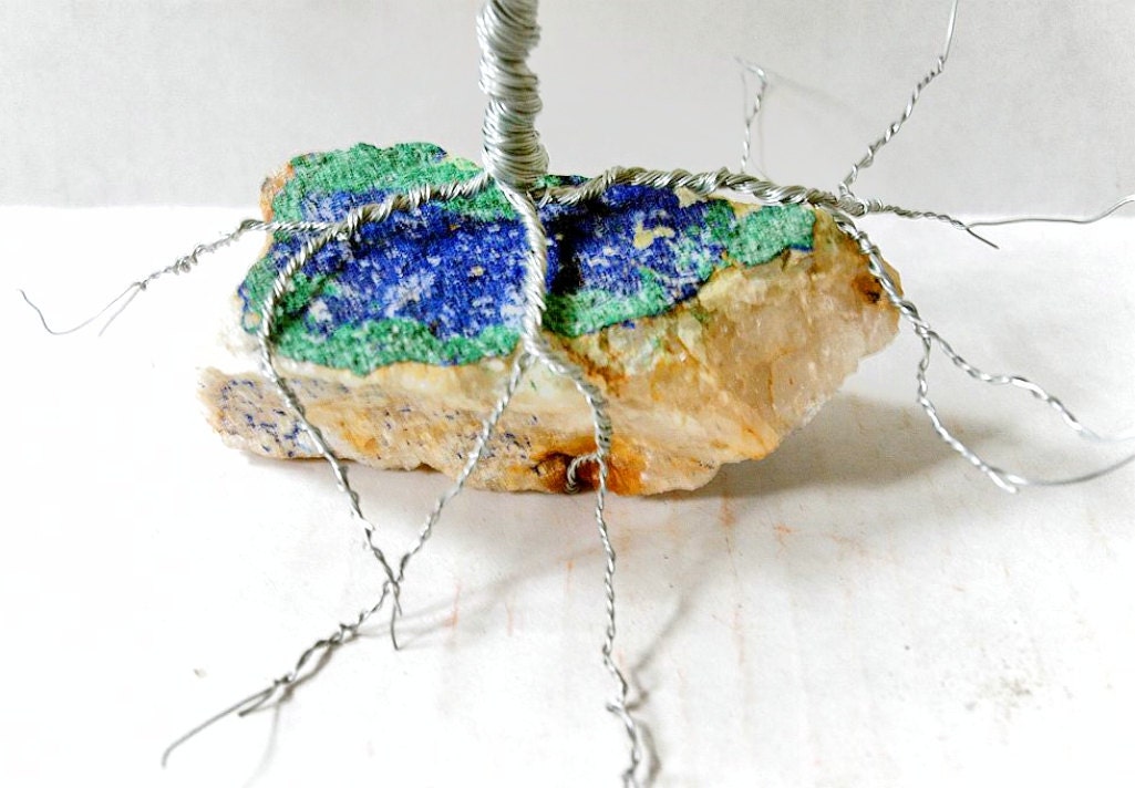 SALE Bonsai Gem Tree African Turquoise Green-Blue Leaf, Silver Wire, Rock Base / Designer Home Decor, Art, Gifts, Wedding Cake Toppers