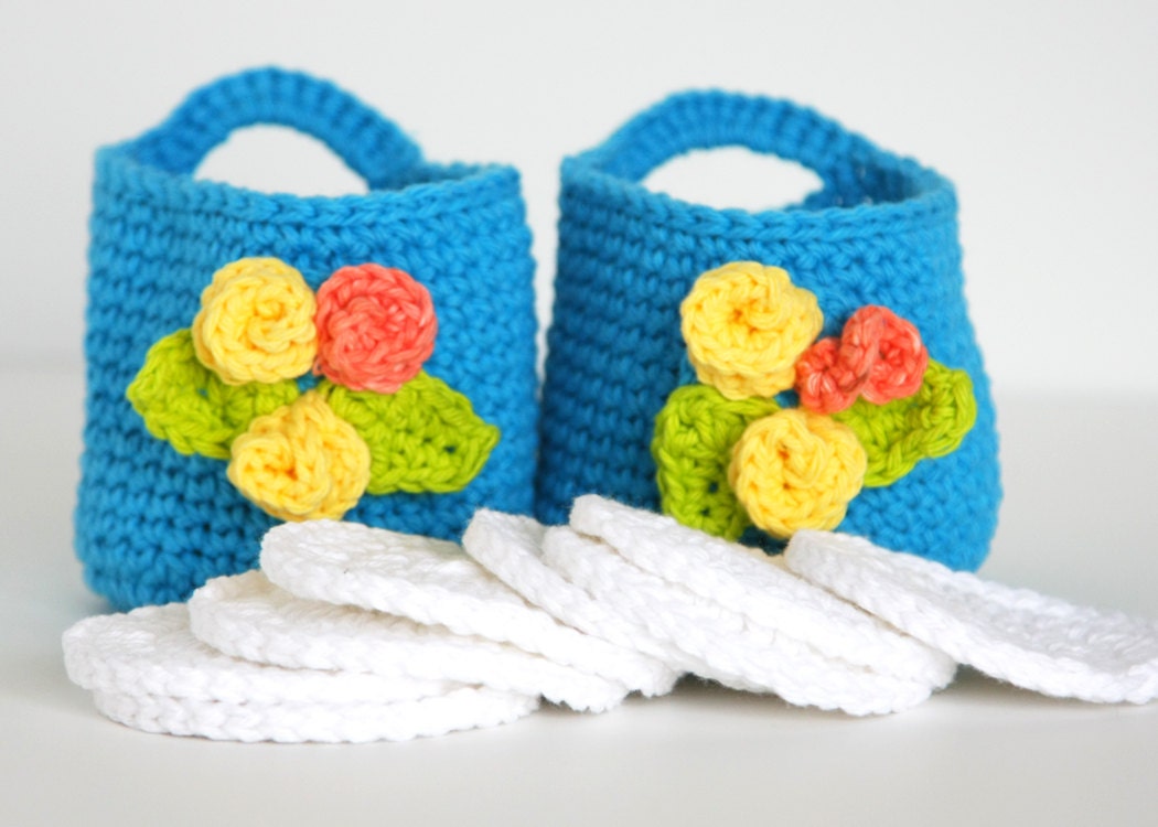 Crochet Bright Blue Double Baskets with Round Face Scrubbies home living, bath beauty, gift set - GetTangled