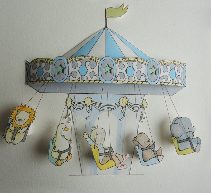 Nursery 3D Art, Framed Pastel Chairoplanes Ride for Boy's Bedroom