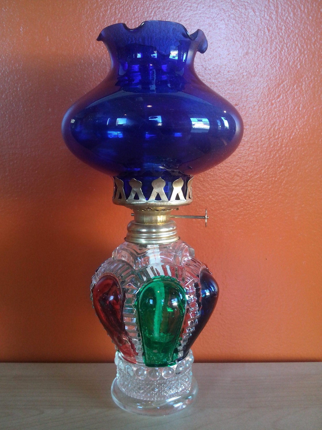 Vintage Oil Lamp Clear Glass & Blue Chimney W/ By Circuitvintage