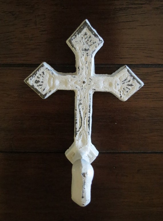 Wall Hook, Antique White Cross, Single Hook, Shabby Chic, Distressed