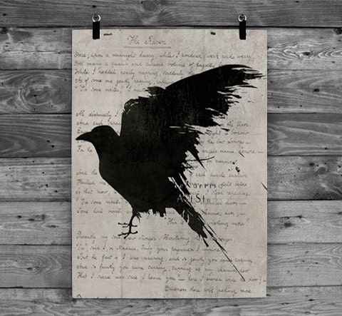 The raven Poem - Nevermore - Gothic art print - Edgar Allan Poe - Black bird art - Geekery art - Modern decor - dramatic dark art