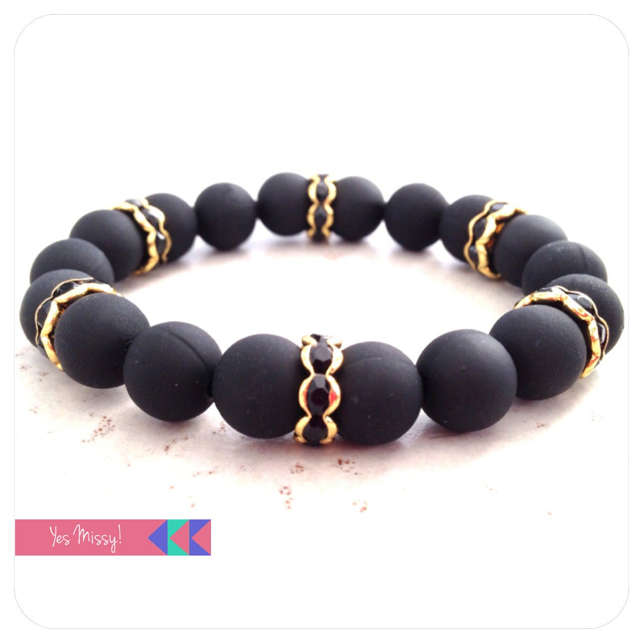 Matte Black Arm Candy Beaded Bracelet with Black Crystal Rondelles