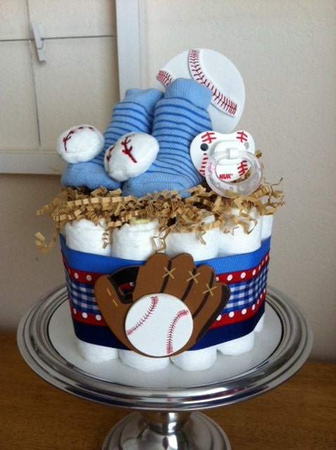 Red, White and Blue Baseball Mini Diaper Cake - Baby Boy Shower Gift, Single Tier