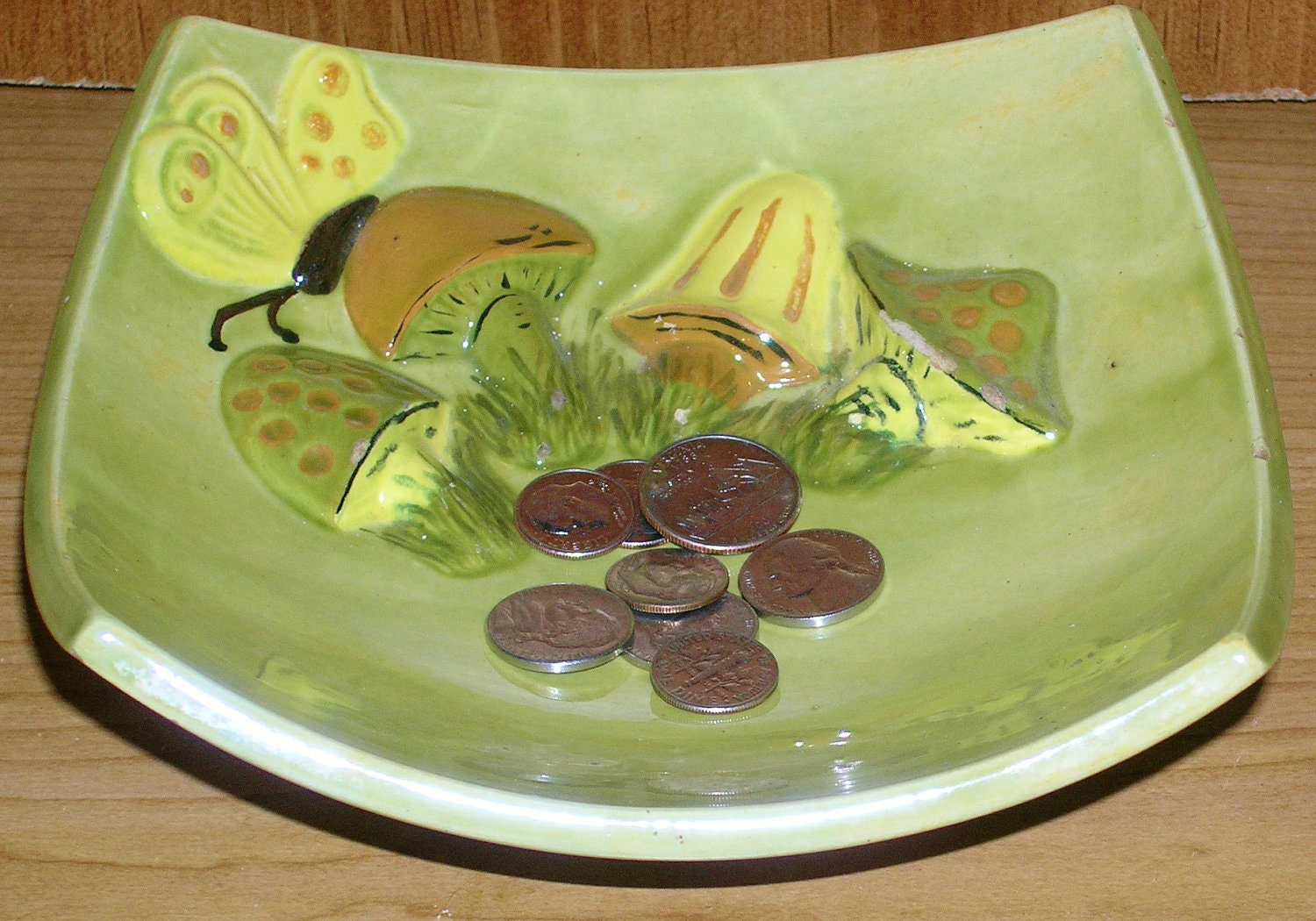 retro Mushroom Butterfly dish, whimsical accent piece, Fairyland home decor, Woodland style, Light greens & Yellows