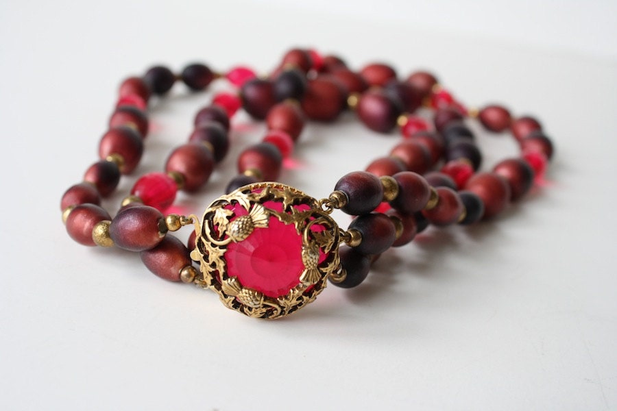 Florenza Necklace, Triple Strand Necklace, Red Magenta & Gold, Vintage Costume Jewelry, Decorative Clasp