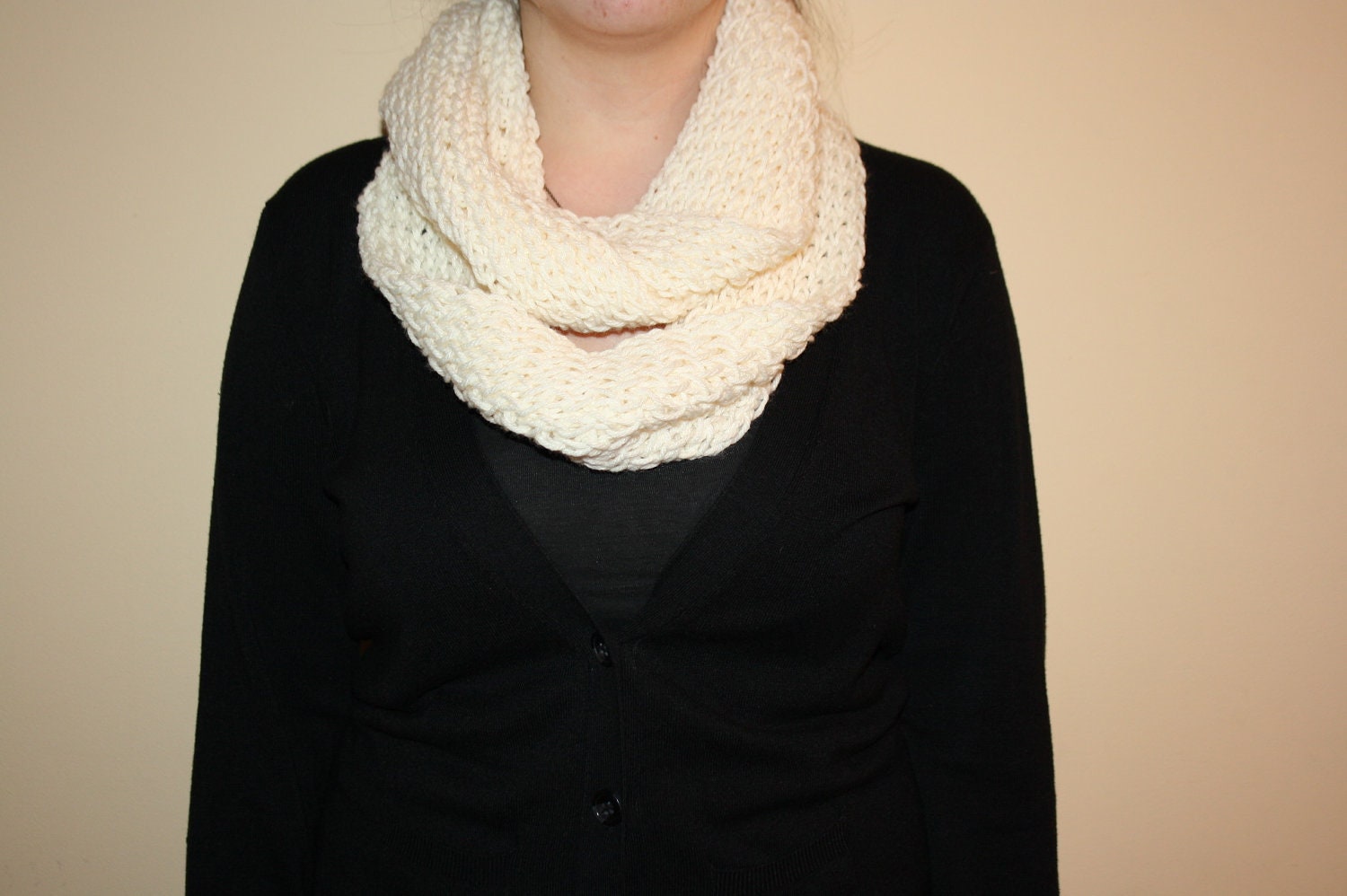 Hand knit cream infinity/circle scarf