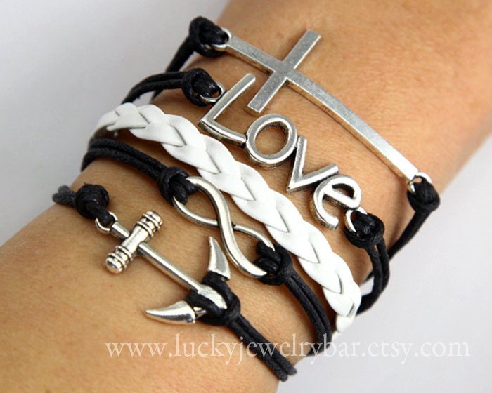 Cross bracelet, love bracelet, Infinity bracelet, anchor bracelet, white braid leather bracelet, black wax cords bracelet