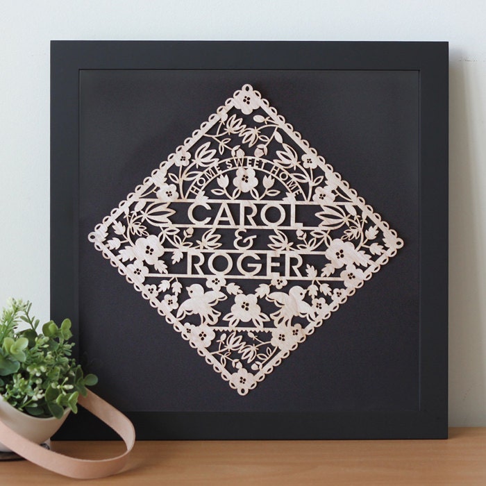 Personalized Floral Wedding Gift - Custom Laser cut with the name of Bride and Groom - papercut poster