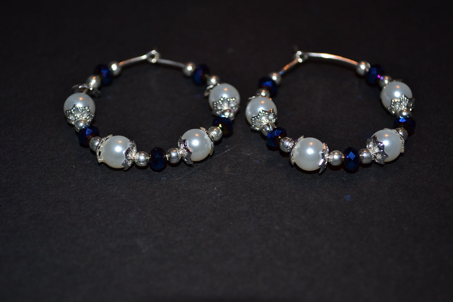 Bridal Pearl Earrings, Something Blue Hoop Earrings, pearl and blue hoop earrings