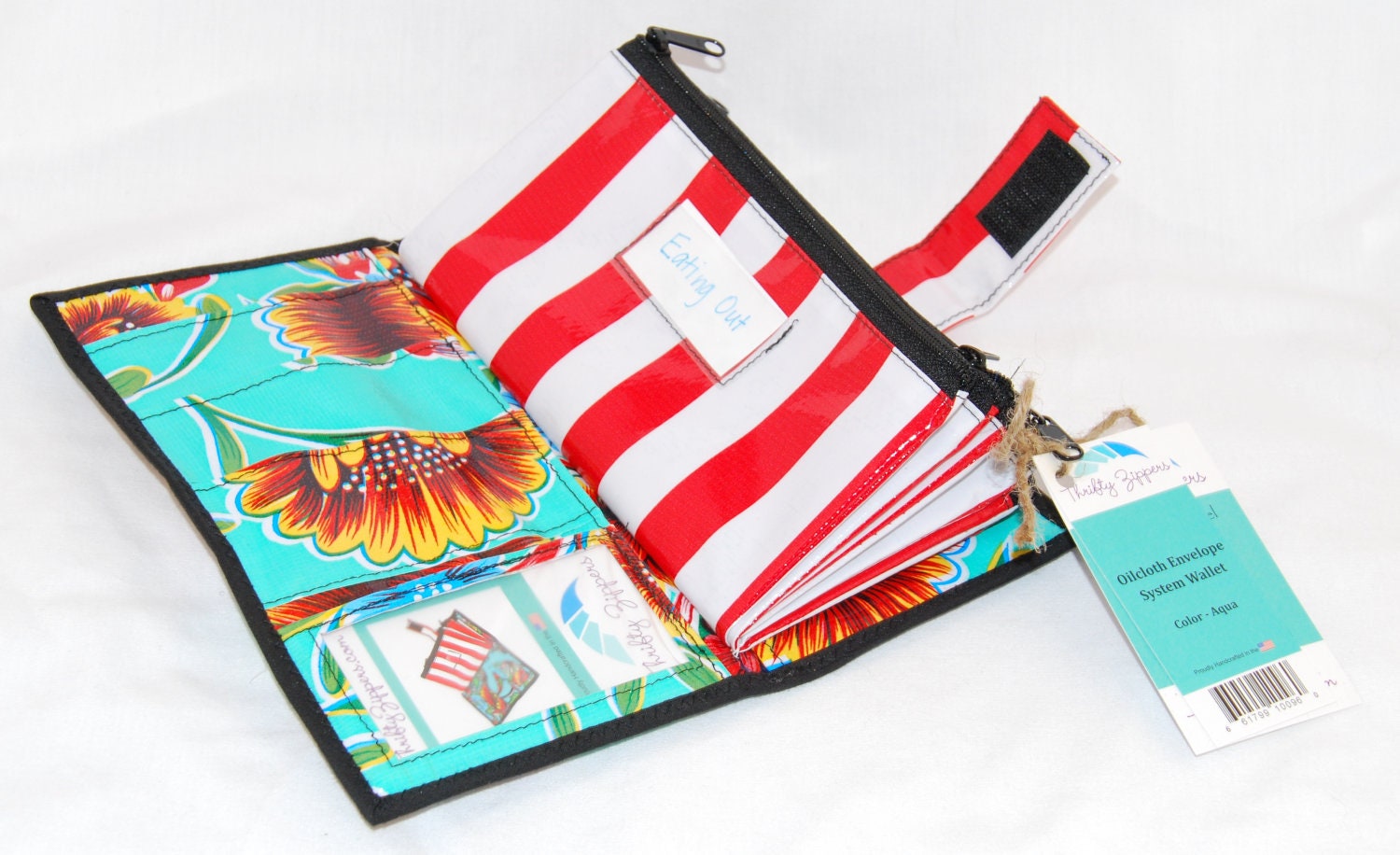 Cute Aqua Oilcloth Envelope System Wallet for Dave Ramsey Cash Budgeting and Extreme Couponing