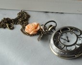 Pocket Watch Necklace with Peach Flower & Bead on Antique Gold Chain UK Seller