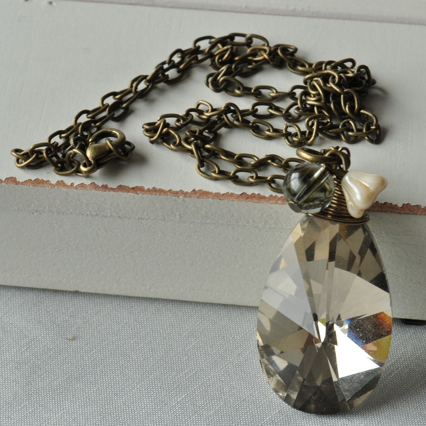 Acrylic Smokey Teardrop Wire Wrapped Pendant Necklace with Smokey Quartz and Czech Flower