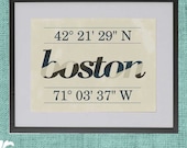 8 x 10 Poster - Boston -City with Latitude and Longitude - Custom - Retro Typography Wall Art Poster