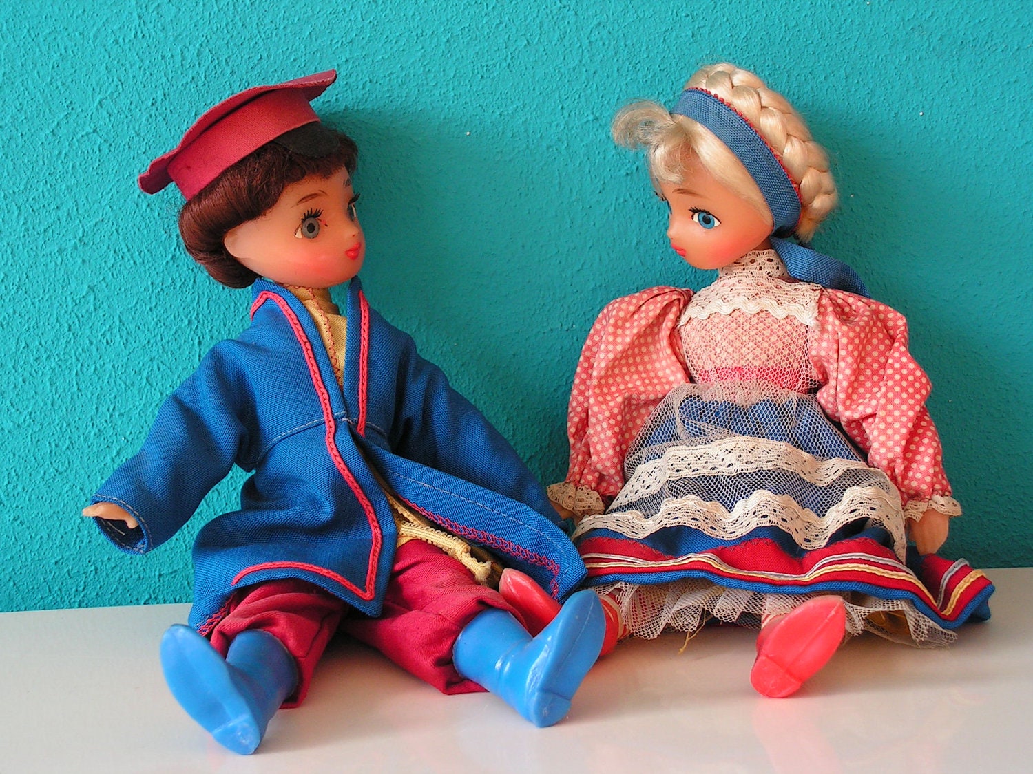 SALE Pair of  Vintage  Costume Big Eye Dolls, Male and Female,1970s