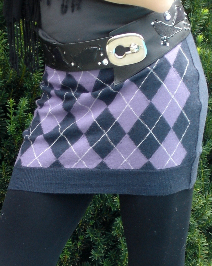 Argyle skirt / bum warmer - Teen's or Petite Women's upcycled from a recycled Navy Blue, Purple and White Wool Sweater - SewFreshAgain