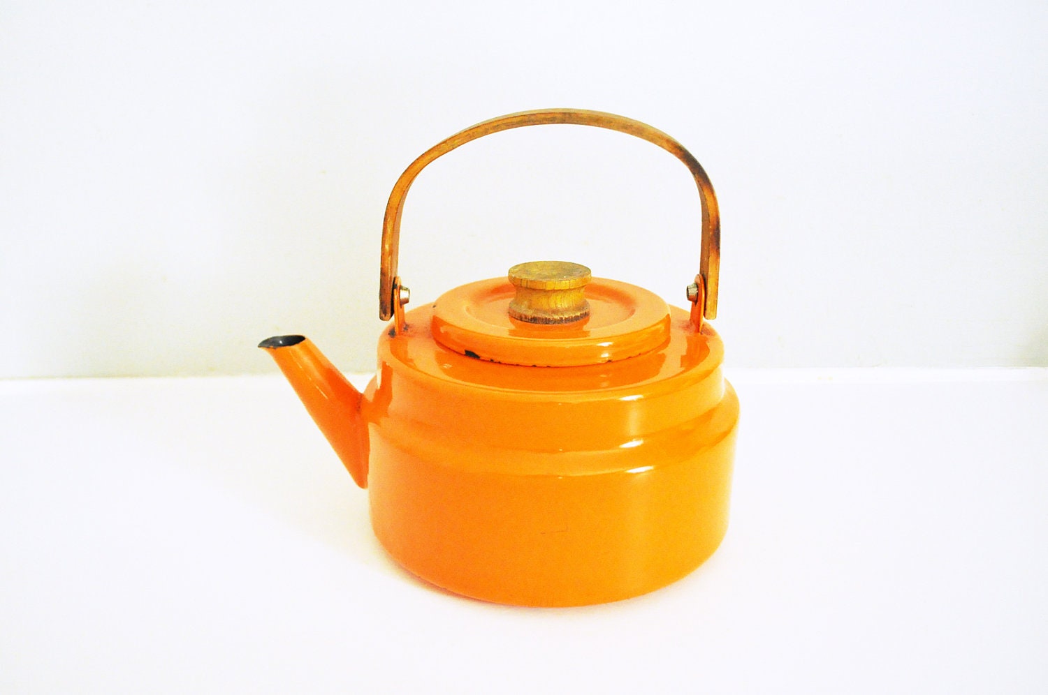 Vintage Bright Orange Enamel Teapot - LittleBlueHouseMod