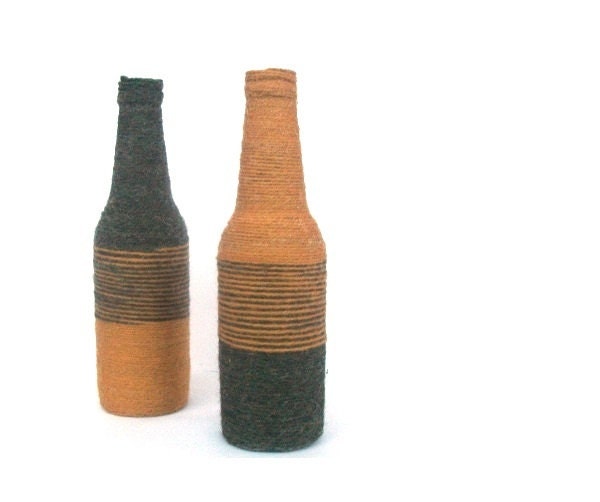 Upcycled Repurposed Bottles - Yarn Wrapped in Green and Mustard Yellow