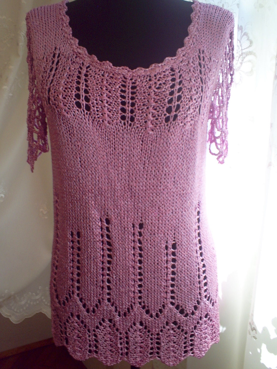 Elegant hand knitted lady blouse purple blouse, silk blouse, knitted blouse, summer blouse openwork sleeves