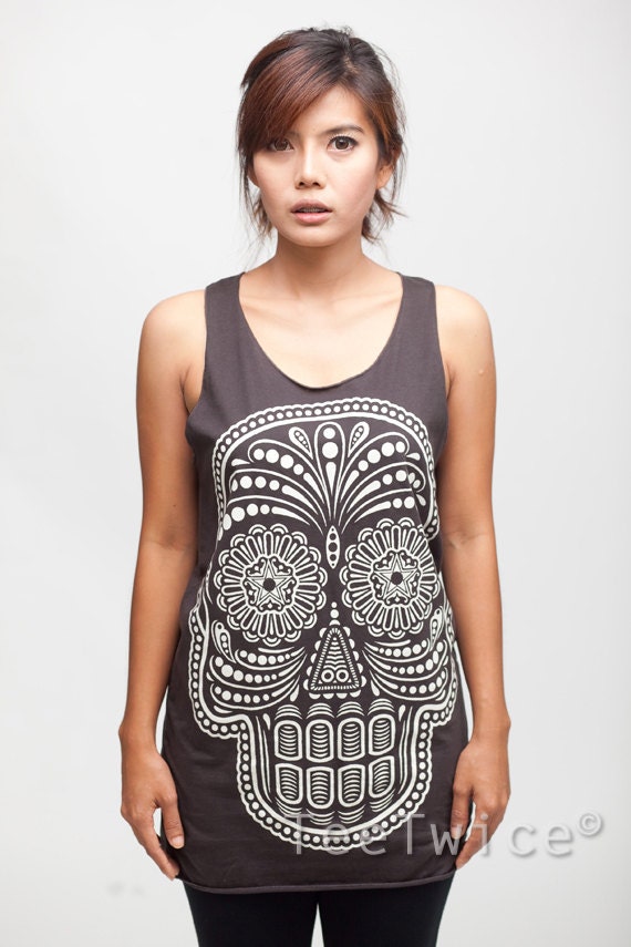 Skull Shirt Day of the Dead Shirt Gothic Sugar Skull Top Women Tank Top Black Shirt Tunic Top Vest Sleeveless Women T-Shirt Size S M