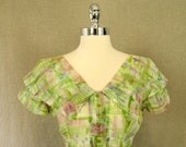 1950s Green Pink Sheer Print Dress