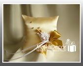 Wedding Ring Pillow in Light Gold, Gold and White with Gorgeous Satin Handmade Decorations and Pearls