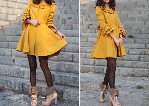 women's Princess style cute bow Fitted Wool  Coat jacket yellow dy02 S-XL