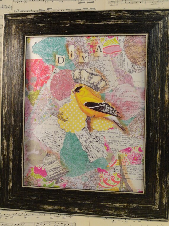 DIVA yellow bird collage digital prin t- printable uprint words vintage style paper old pdf 8 x 10 frame saying