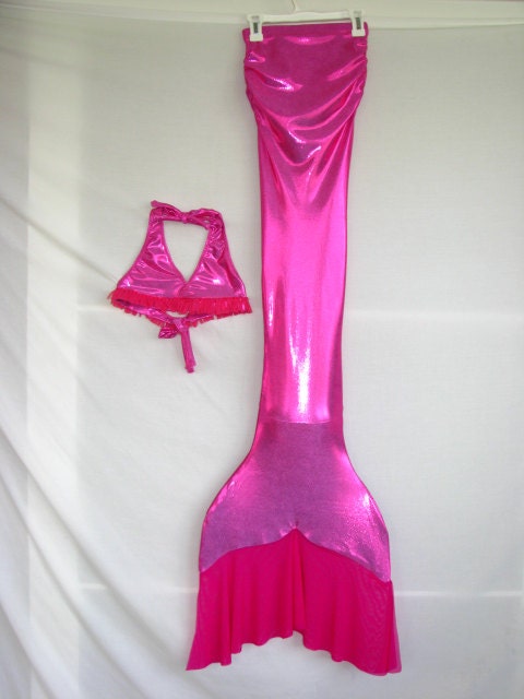Hot Pink Swimmable Mermaid Tail w/ Ruffle Fluke and Matching Bikini Top w/ Fringe. (Medium)