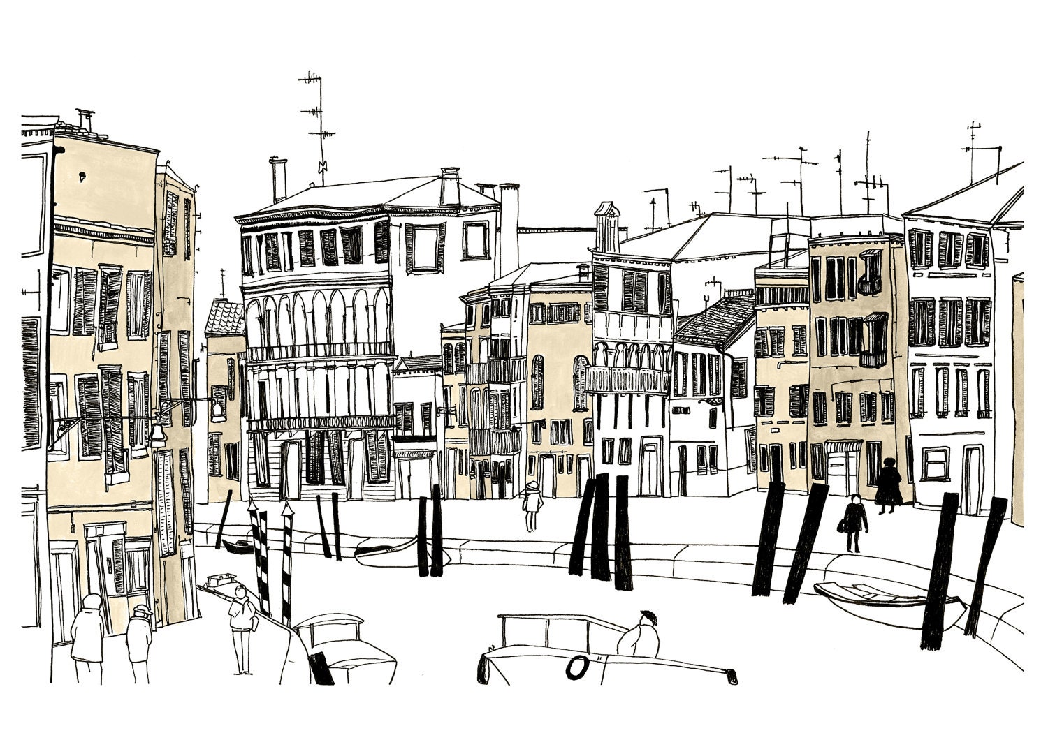 Venice Busy Street in sepia. A3 Limited Edition Print.