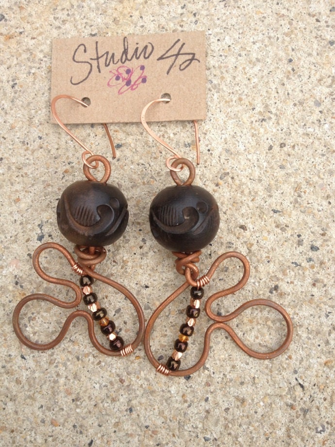 Beaded Copper free formed Artistic dangle earrings