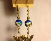 Earrings with blue cloisonne and butterflies in gold tone