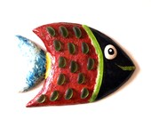 Wall hanging hand made decorative red,black and blue fish with green glass beads