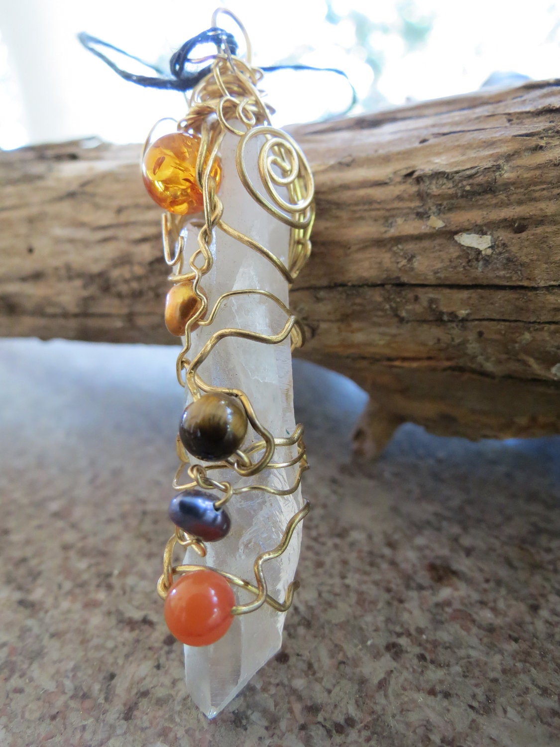 Wire wrapped  quartz crystal  pendant with gem stones- unique Handmade