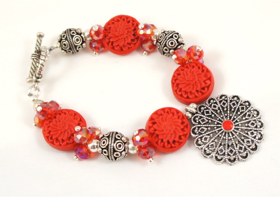 Chunky Silver and Red Dahlia Bracelet with Antiqued Filigree Pendant, Faceted Beads, Resin Beads and crystals - TreasuredHeartJewels