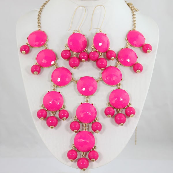Big Size Faceted Hot Pink Jewelry Set,Handmade Bubble Bib Necklace,Earrings,Statement Bubble Necklace-BN0151