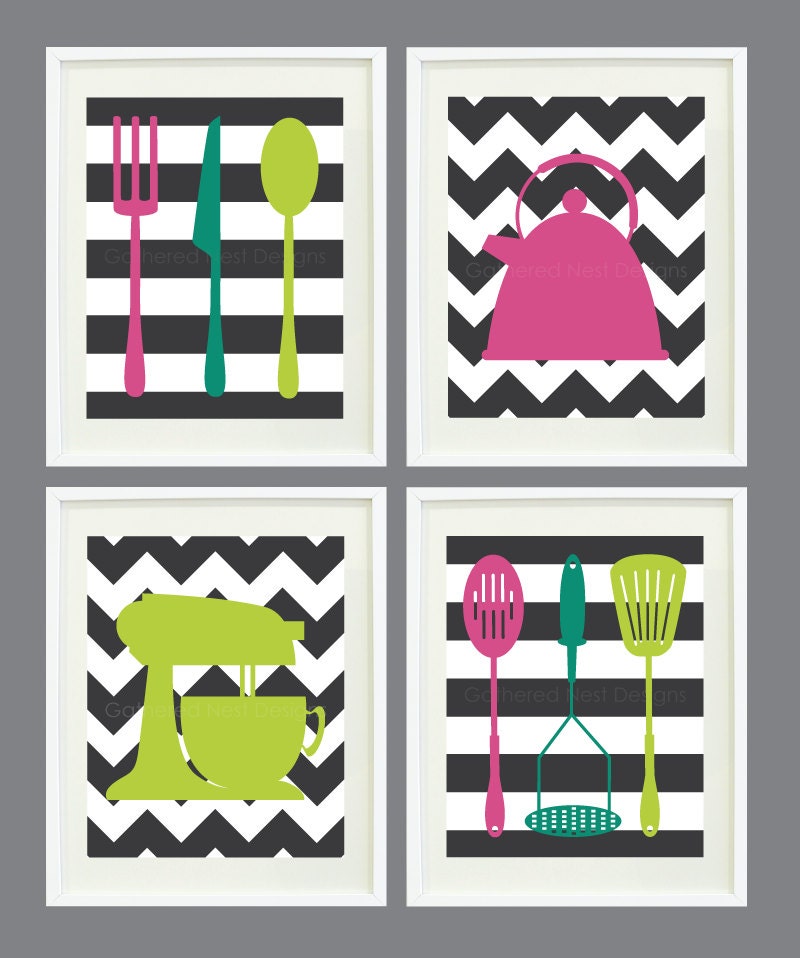 Kitchen Art Prints - Chevron and Stripes - Set of 4  - Home Decor - 8"x10" - In Fall 2012 Pantone Colors OR Choose your own colors