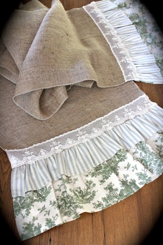 Burlap ticking and toile runner by KnightsStore on Etsy