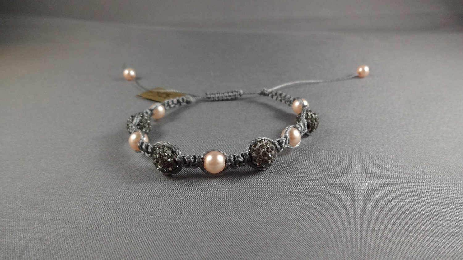 Macrame Bracelet - Gray with Gray Crystal Shamballa Beads and Peach Pearls